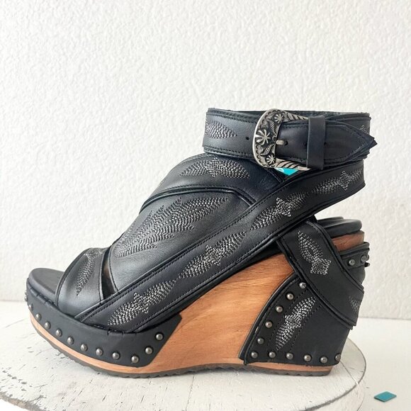 Lane Boots LEXINGTON Womens Black Wedges 10 Western Sandals Cowgirl Wooden Heel - Picture 4 of 11